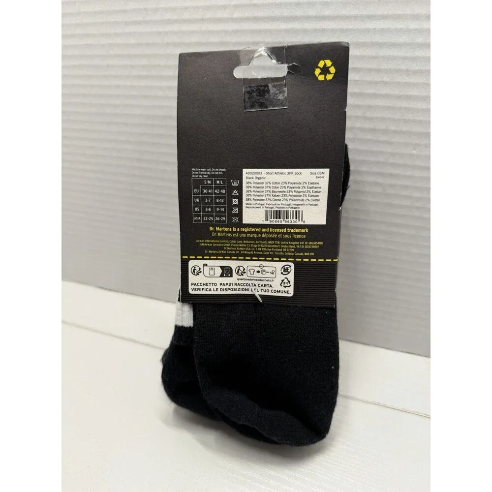 Dr. Martens 3 Pack Athletic Crew Socks Black White Logo S/M US 3-8 NWT